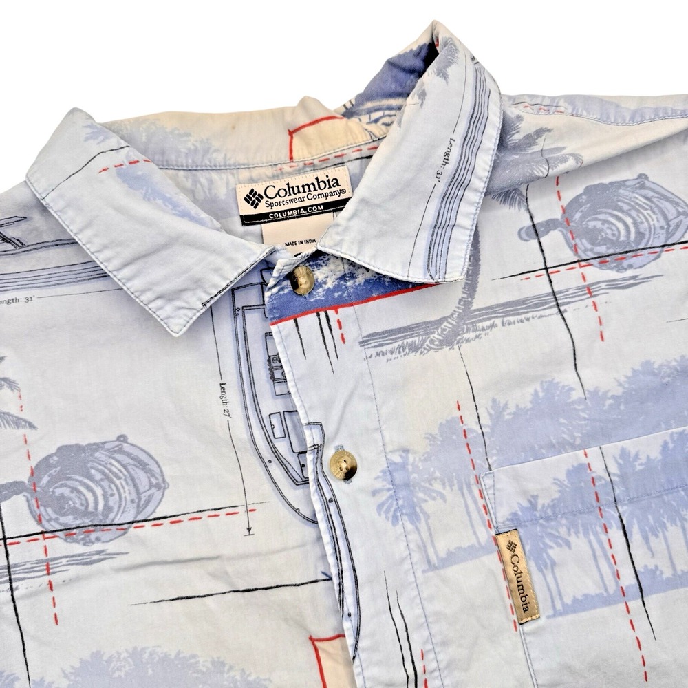 Columbia‎ Men's Medium Nautical Blue Fishing Print Button Up Short Sleeve Shirt